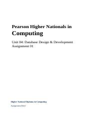 Database Assignment Docx Pearson Higher Nationals In Computing Unit