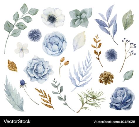 Watercolor Set Of Dusty Blue Flowers Royalty Free Vector