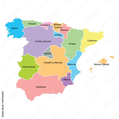 Spain map background with regions and region names in color. Spain map ...