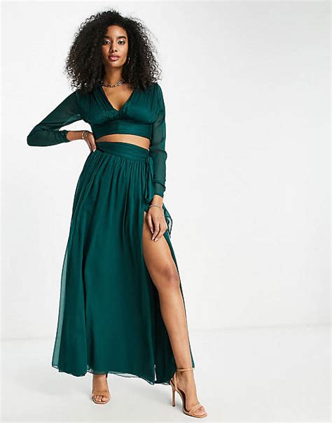 Asos Design Bridesmaid Soft Maxi Skirt Co Ord In Forest Green And Top Asos