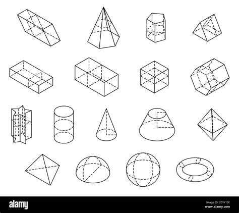 Set Of Isometric 3d Shapes Black Outline Vector Illustration The Science Of Geometry And Math