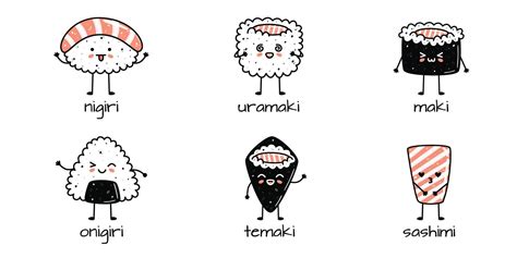 Set Of Kawaii Sushi Mascots In Cartoon Style Different Types Of Sushi