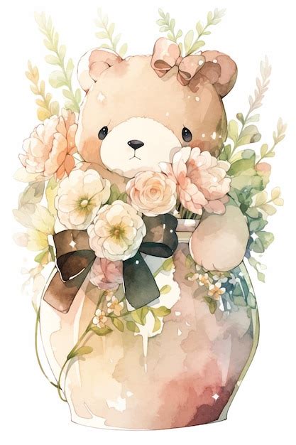 Une Aquarelle D Un Ours En Peluche Avec Des Fleurs Vecteur Premium