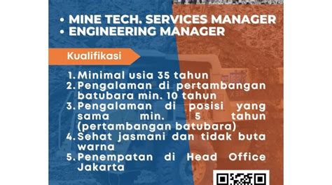 Lowongan Kerja Mine Tech Services Manager Dan Engineering Manager Di PT