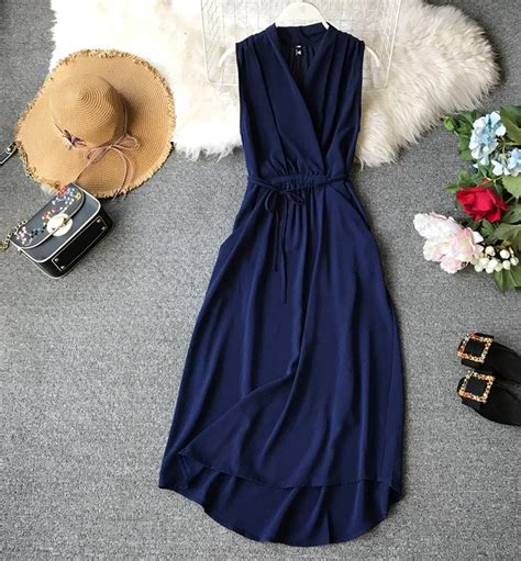 2019 New Fashion Womens Sleeveless Dress Female Summer Slim Elegant V