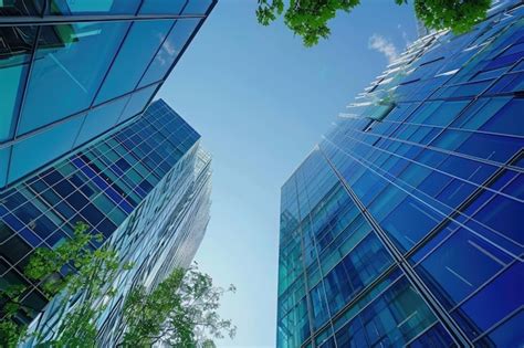 Low Angle Shot Of Modern Glass Buildings And Green With Clear Sky Background Premium Ai