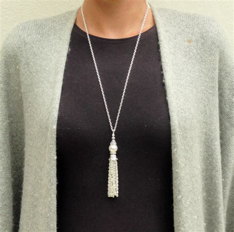 Pearl Tassel Necklace Silver Tassel Necklace White Pearl