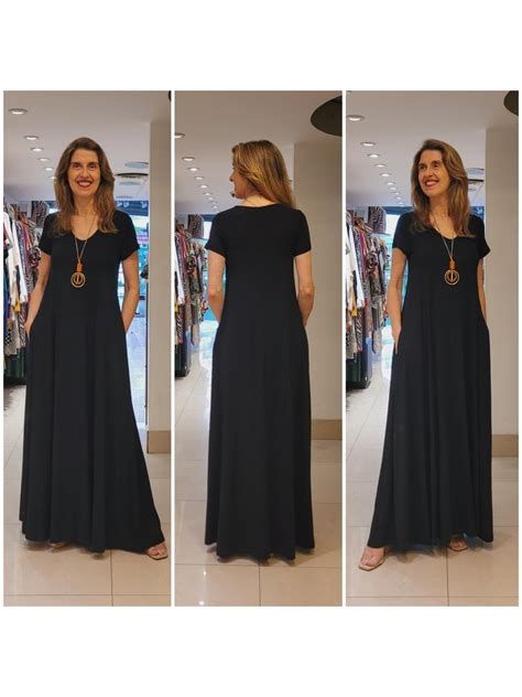 Vestido Gisele Longo Decote Em V Manga E Bolsos Em Viscolycra Lisa