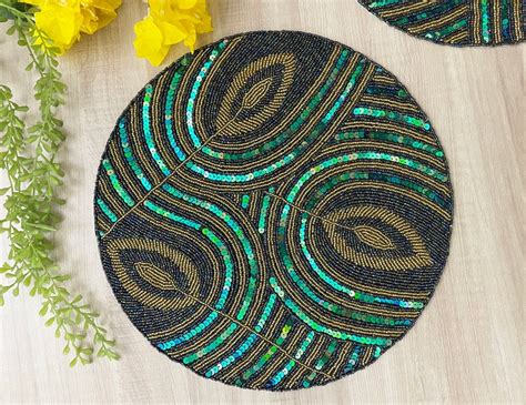 Peacock Feather Handmade Beaded Placemat Tablemat 14 Inch Etsy