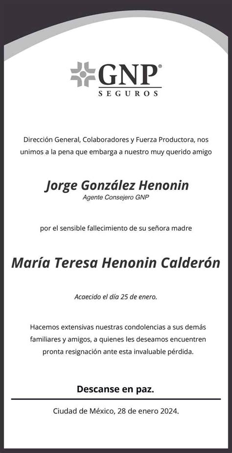 Señora Maria Teresa Henonin Calderón Obituario Esquela