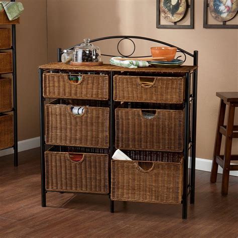 Southern Enterprises Jerome 6 Drawer Iron And Wicker Storage Cabinet In Black With Caramel