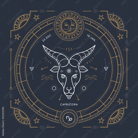 Vintage Thin Line Capricorn Zodiac Sign Label Retro Vector