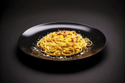 Premium Photo Spaghetti Carbonara On Brown Glossy Plate With Black