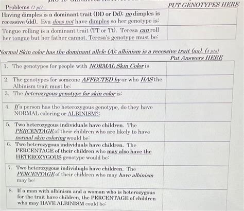 Solved Problems (1 pt) PUT GENOTYPES HERE Having dimples is | Chegg.com