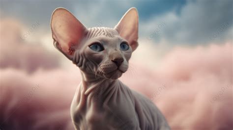 The Sphynx Cat With Blue Eyes Sitting At The Clouds Sitting In The