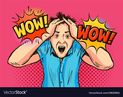 Shocked Man Wow Lettering Royalty Free Vector Image