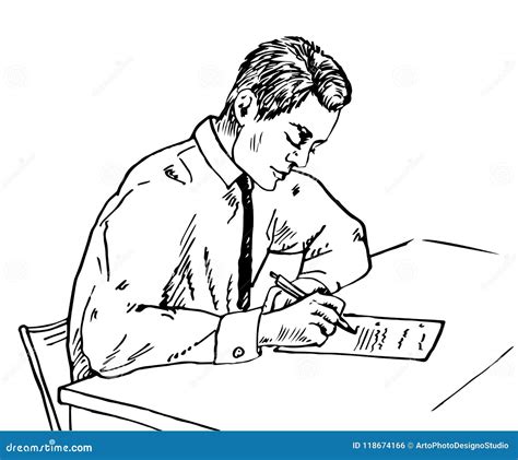 Young Businessman Sitting At The Table And Writing Handwritten Letter