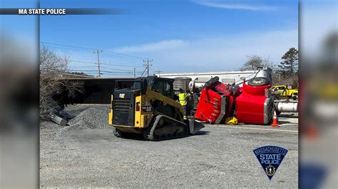 Tractor Trailer Rolls Over Spills Gravel At Bourne Rotary Boston