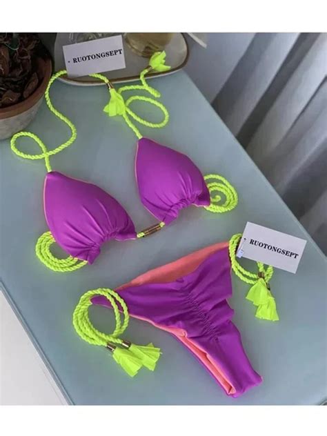 Bikini Donna Due Pezzi Triangolo Viola Verde Mini Tanga Sgambato Lacci Eur