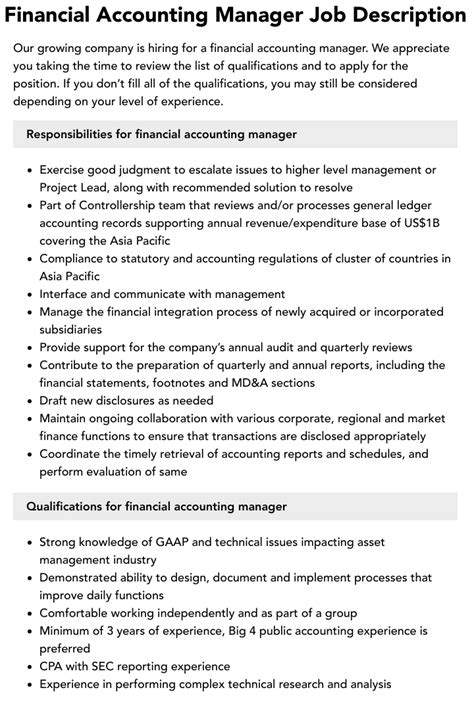 Financial Accounting Manager Job Description Velvet Jobs