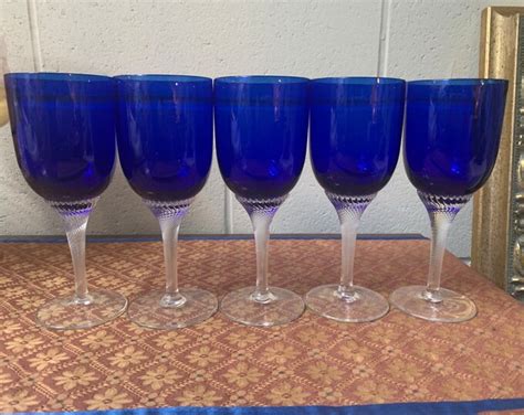 Vintage Cobalt Blue And Clear Wine Goblets Vintage Cobalt Blue Wine Glasses Set Of 5 Cobalt Blue