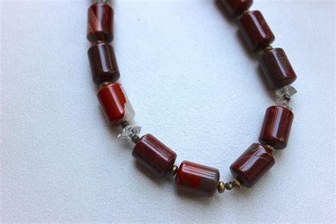 Adjustable Red Jasper Bead Necklace Pyrite Hematite And Herkimer