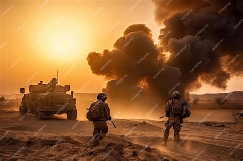 Premium Ai Image Soldiers Crosses Warzone With Fire And Smoke In The