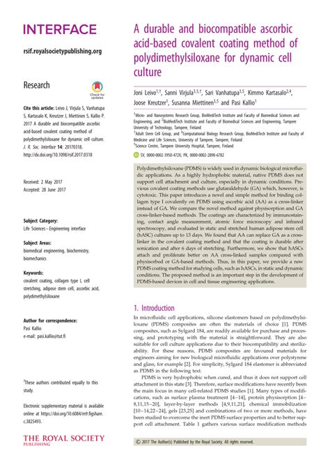 Pdf A Durable And Biocompatible Ascorbic Acid Based Covalent Coating