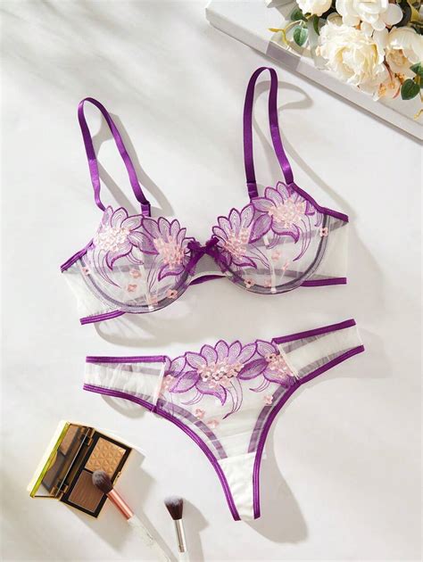 Flower Embroidery Perspective Lace Sexy Lingerie Set For Women Shein Usa