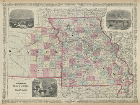 Johnsons Missouri And Kansas Us State Map Showing Counties 1865 Old