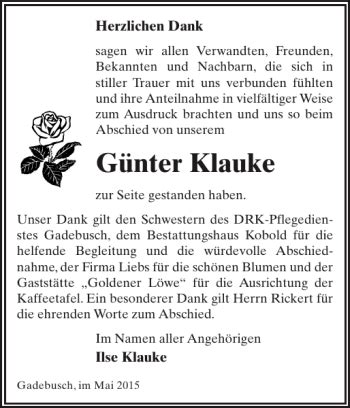 Traueranzeigen von Günter Klauke Trauer Nordkurier