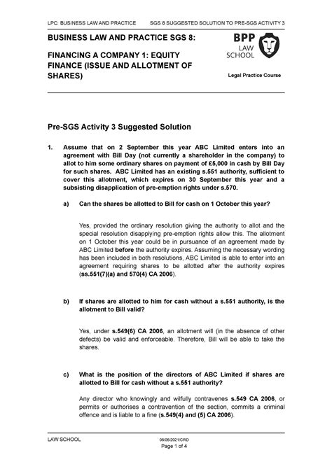 BLP SGS 8 Solution To Pre SGS Activity 3 21 22 LPC BUSINESS LAW AND