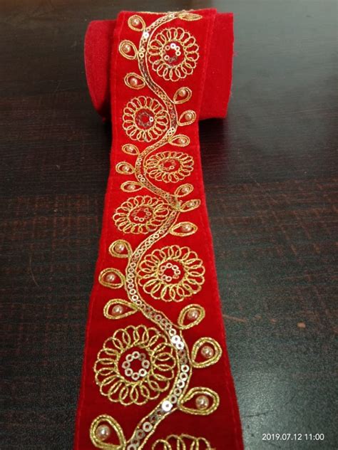 Red And Golden Kundan Work Designer Polyester Zari Lace For Saree At Rs