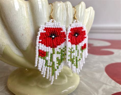 Handwoven Beaded Poppy Fringe Earrings Beaded Floral Etsy