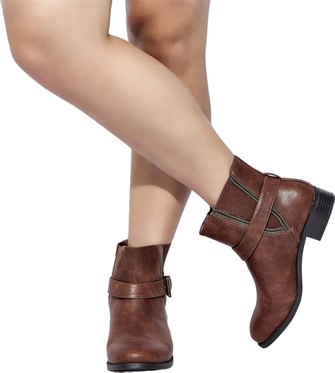 Womens Wide Width Ankle Boots Chunky Block Low Heel Slip On Side Zipper Buckle Elastic Cozy