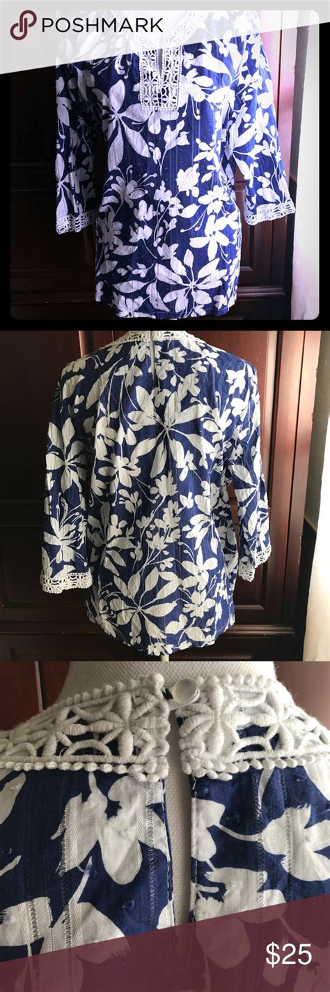 Alfred Dunner• Blue And White Embroidered Top Embroidered Top Swiss