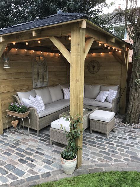 Homemade Wooden Gazebo Cobbles Garden Lights Outdoor Sofa Outdoor