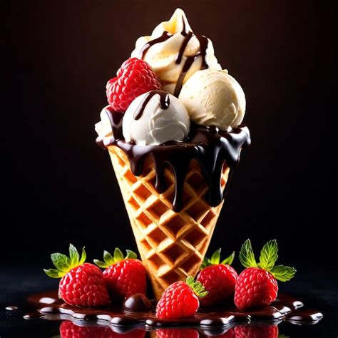 Premium Photo Delicious Ice Cream With Fruits Topping Generated By Ai