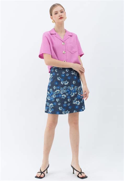 Falling Flowers Denim Bud Skirt In Navy Retro Indie And Unique Fashion