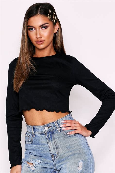 Long Sleeve Lettuce Hem Ribbed Crop Top Crop Tops Ribbed Crop Top Tops