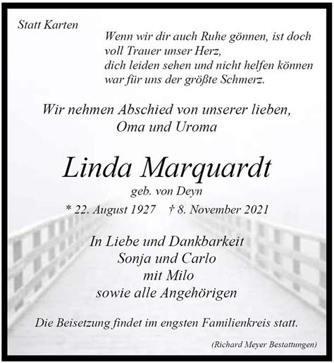 Traueranzeige November Linda Marquardt Geb Deyn