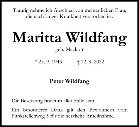 Traueranzeigen Von Maritta Wildfang Trauer Anzeigen De