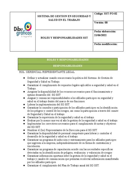 Formato Con Roles Y Responsabilidades Sst Pdf Seguridad Y Salud Ocupacional Valores