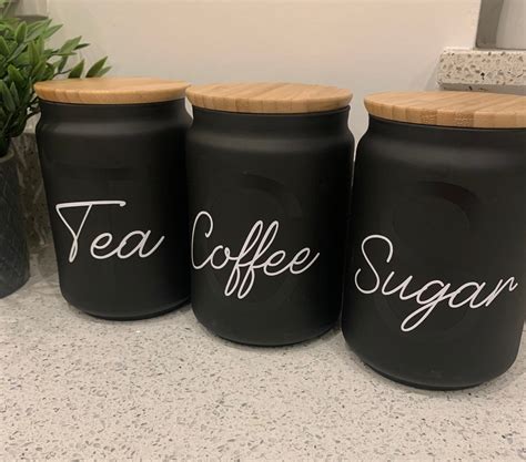 Set Of 3 Matte Black Kitchen Canisters With Bamboo Lid Tea Etsy