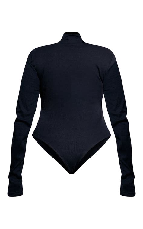 Plus Black Basic Rib Long Sleeve Bodysuit Plus Size