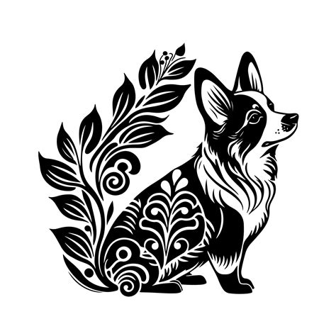 Cute Floral Corgi Dog Illustration For Logo Emblem Tattoo