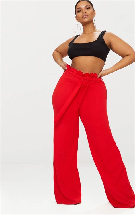 Plus Red Wide Leg Pants Plus Size Prettylittlething Il