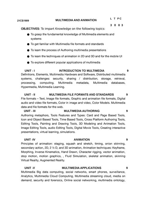 21CS1909 Multimedia AND Animation Syllabus 21CS1909 MULTIMEDIA AND