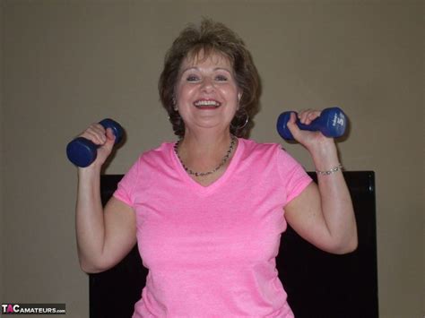 Mature Woman Busty Bliss Exposes Her Natural Boobs While Working Out At Home