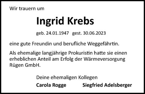 Traueranzeigen Von Ingrid Krebs Trauer Anzeigen De